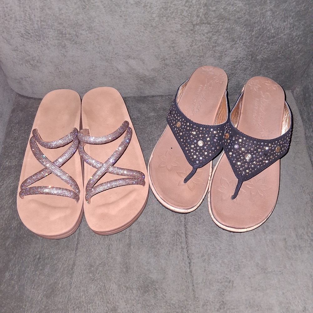 Skechers Black Rhinestone Wedged Sandal And Rose Gold Rhinestone Strap Slip Ons